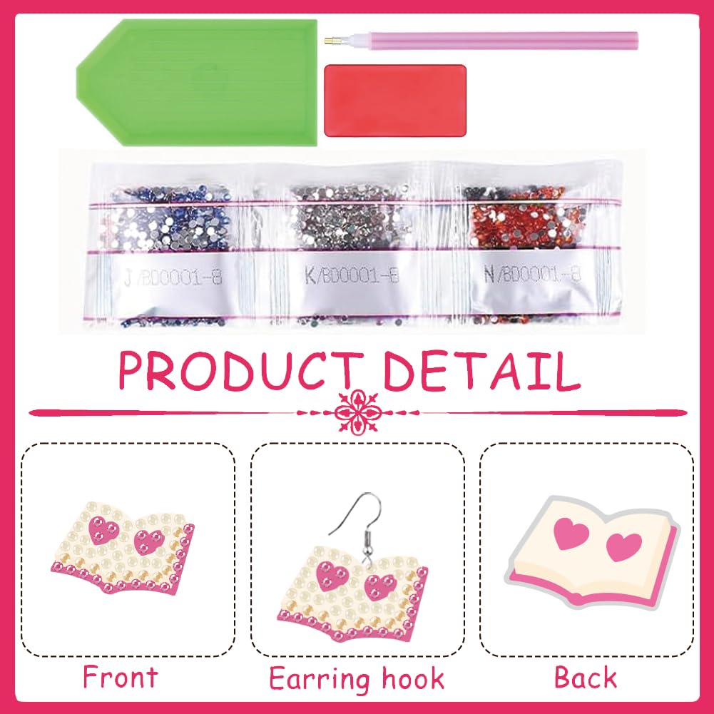 beinkmake 12Pairs Diamond Painted Earrings Making Kit Book Pattern Diamond Art Earring Set Reading 5D DIY Acrylic Diamond Earrings Gifts for Book Lovers Adults Craft Party Festival