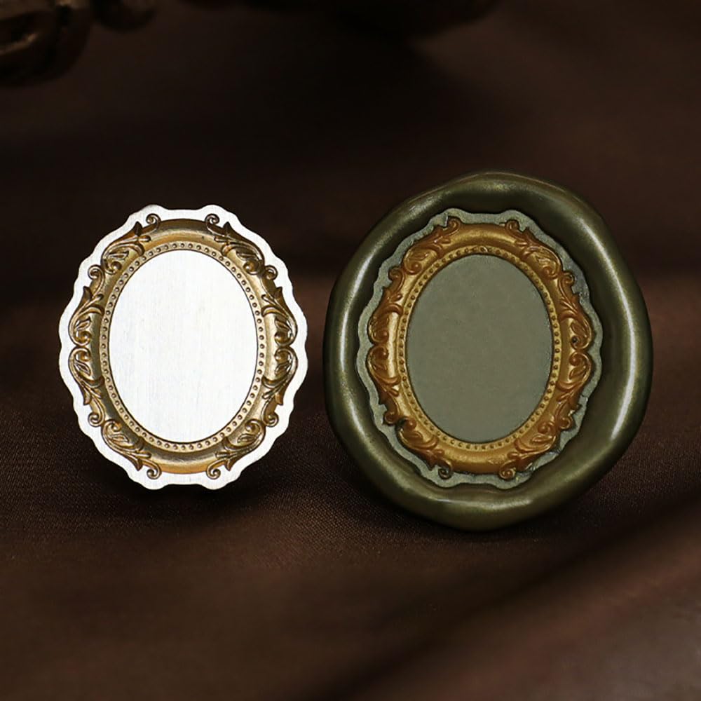 1PCS Wax Seal Stamp Head 1PCS Removable Wooden Handle,3D Embossed Oval Vintage Texture Brass Head Wax Stamp Retro Photo Frame Wax Seal Stamp Kit for Cards Envelopes Wedding Invitations Scrapbooking