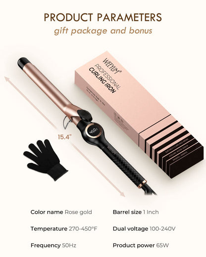 Large Curling Iron 2 Inch, Ceramic Long Barrel Hair Curling Wand, Hair Styling Tool, Dual Voltage, LCD Display, Black
