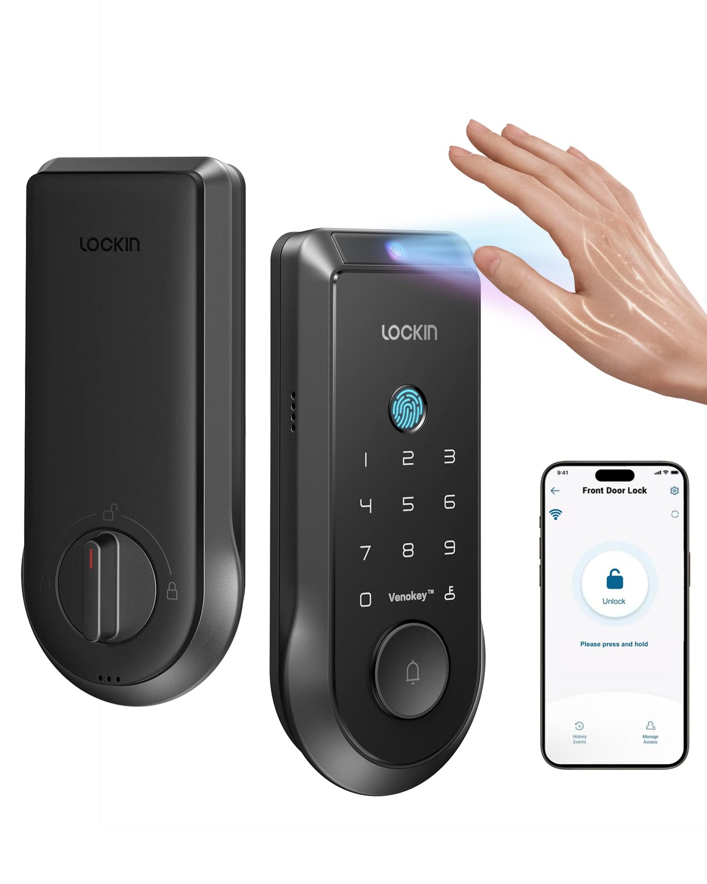 Lockin Veno Plus Smart Lock with 2K 180° Security Camera & Video Doorbell, AI Local Storage, Palm Vein/Fingerprint Keyless Entry Door Lock, Smart Locks for Front Door Bulit in Wi-Fi, App Control