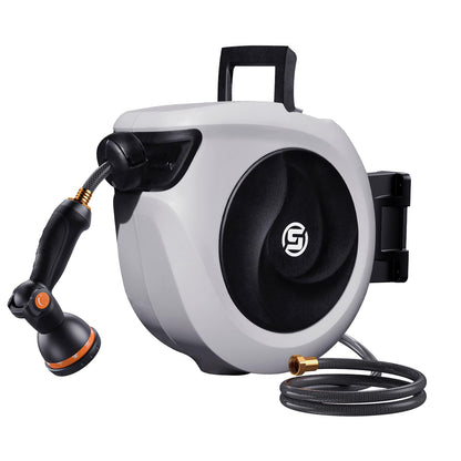 SUNPOW Retractable Garden Hose Reel 1/2 Inch x 33ft - Wall Mounted Hose Reel with 3/4 Inch Brass Fittings & 10-Pattern Nozzle - Auto Rewind System, Any Length Lock, 180° Swivel Bracket