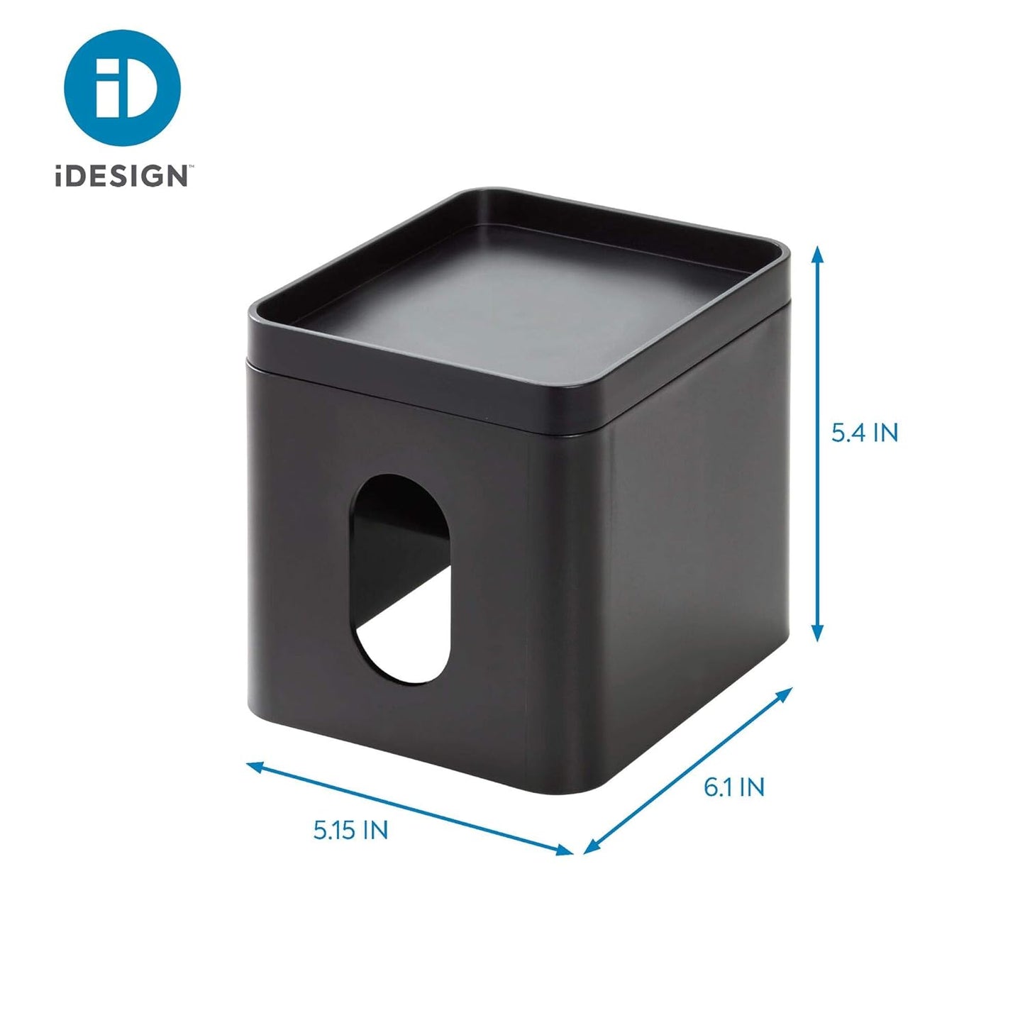 iDesign Facial Tissue Box Cover with Storage Tray, The Cade Collection – 6.1" x 5.15" x 5.4", Matte Black