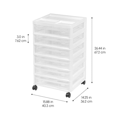 IRIS USA Fits 12" x 12" Paper, 6-Tier Scrapbook Rolling Storage Cart with Organizer for Stationery Vinyl Tools Office Art and Craft Supplies, Yarn, 6 Clear Cases w/Built in Handle - White/Clear
