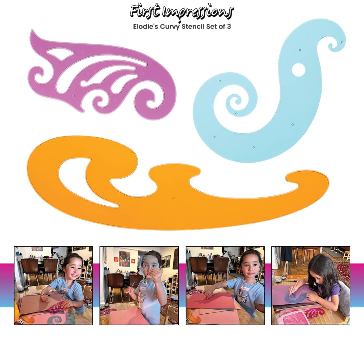 Elodie's Curvy Stencils by First Impressions - Durable Drafting Tools with French Curve Ruler & Drawing Shape Stencil for Imaginative Designs - Includes 3 Stencils & Reusable Storage Pouch