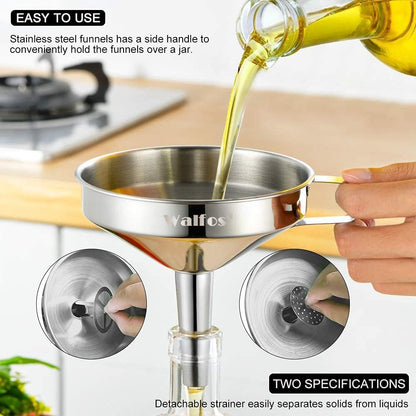 Walfos Extra Large Stainless Steel Funnel with Venting Slot, Kitchen Funnel with 2 Removable Strainer ＆ 1Pc Cleaning Brush, Perfect for Transferring Liquid, Oils, Jam, Dry Ingredients (Jumbo, 7.9")