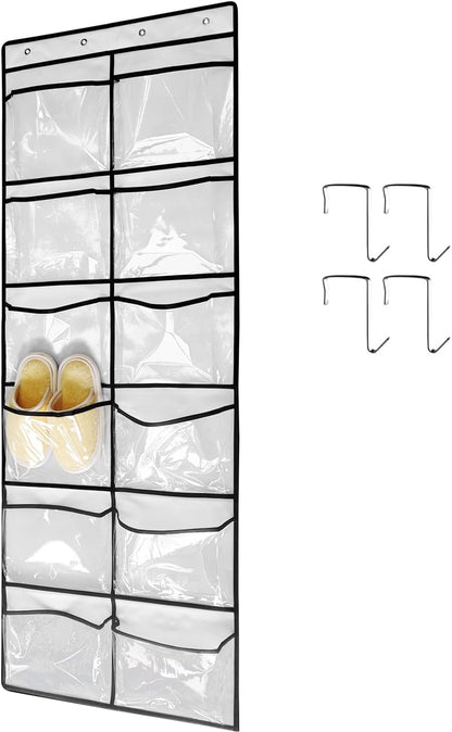 1 Pack 12Pockets Closet 4Hooks, (59'' 21.6'') Clear Crystal Large Hanging Shoe Organizer Over The Door Shoe Rack