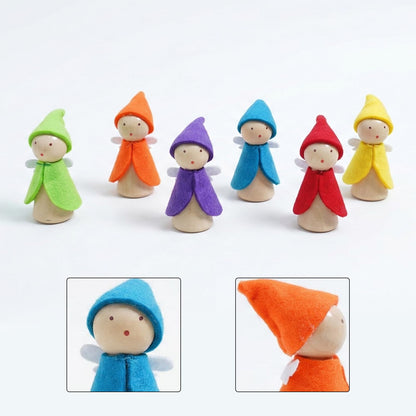 Sing2sky 6 Pcs Wooden Elf Figures, Miniature Dollhouse Accessories for Kids Ages 3+, Cute Wood Gnome Peg Dolls for Small Fairy Garden Decor