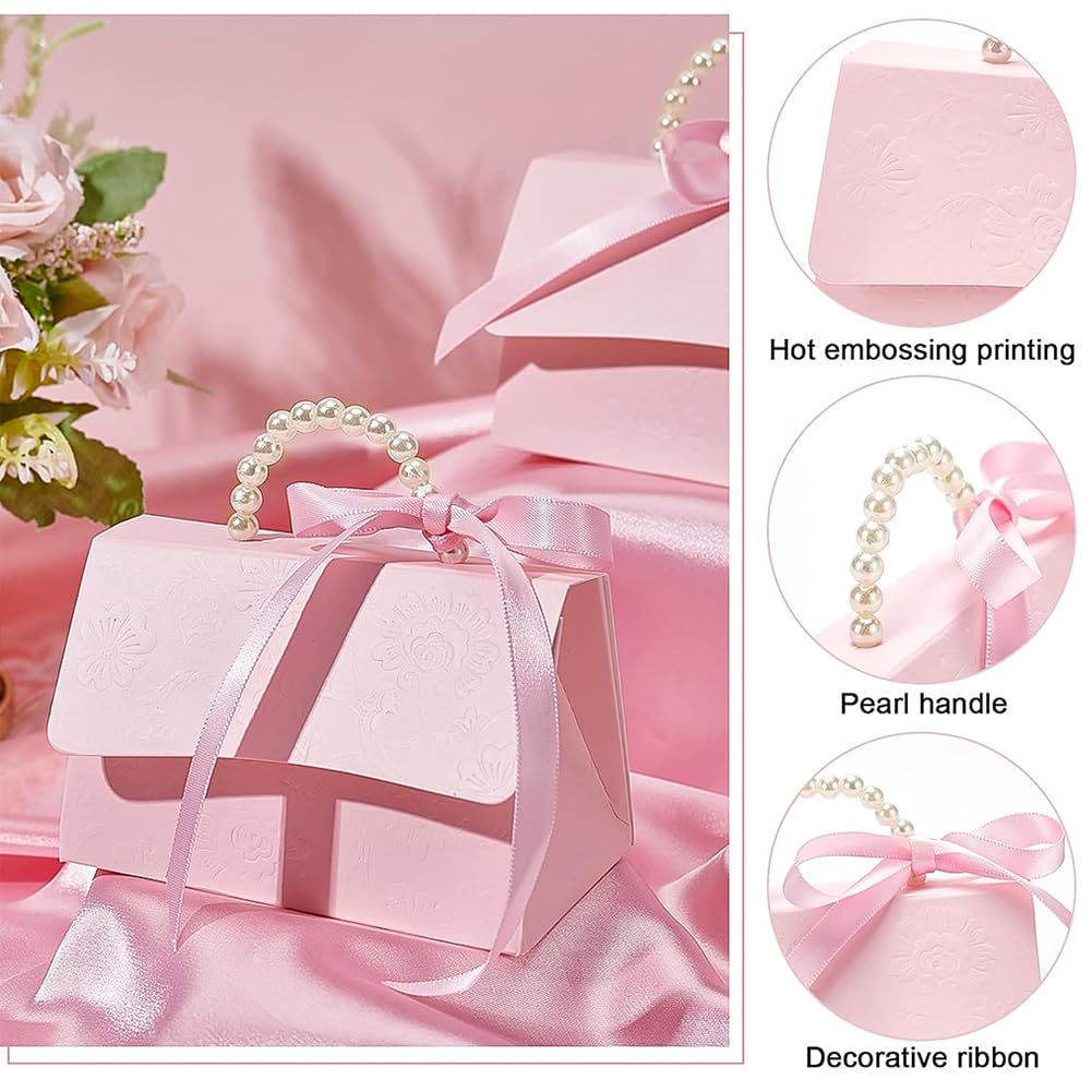 BENECREAT 16Set Wedding Favors Box DIY Set, Pink Kraft Paper Box with Pearl Handle, Ribbons, Stickers, Gift Boxes for Birthday, Party Favor, Boutique, Wedding and Anniversary