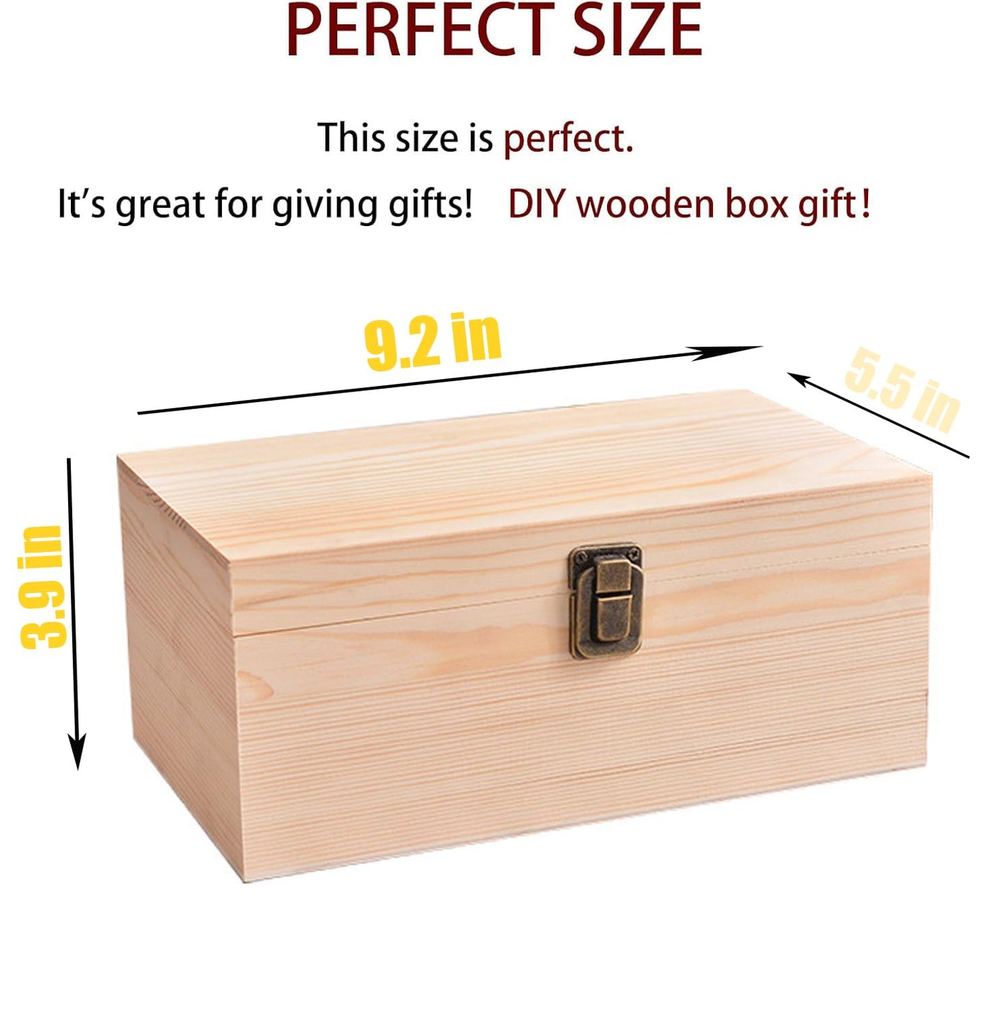 YXFZPAN Natural Wooden Craft Box with Hinged Lid - Large 9.2"x5.5"x3.9" Reusable DIY Jewelry & Gift Box for Home, Art Supplies, and Hobby Organization, Unfinished Unpainted Wood Box