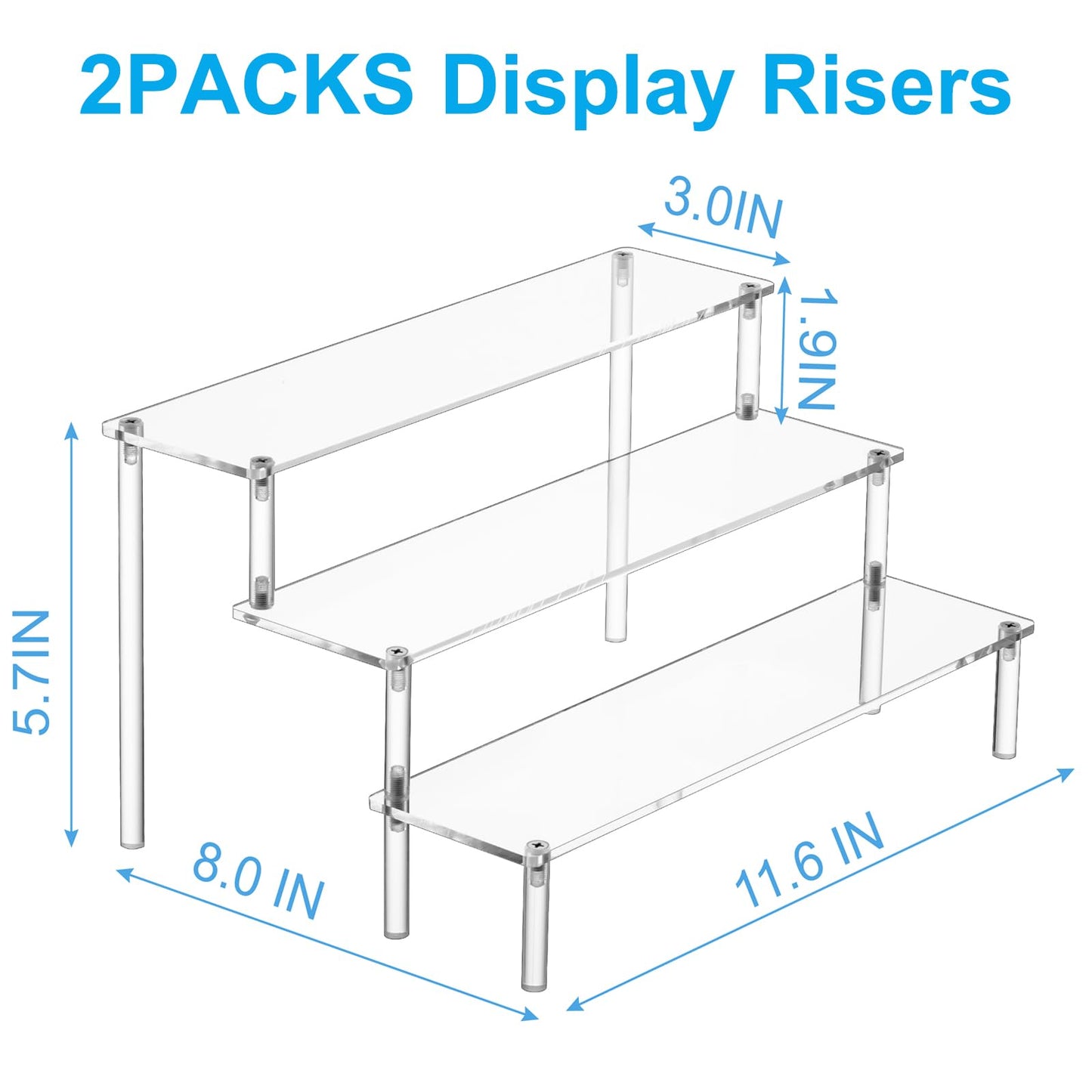 HENABLE 2PCS Large Acrylic Display Risers, Perfume Stand Organizer, Clear Acrylic Shelf Risers for Display Stands for Food, Tabletop Use, Amiibo Funko POP Figure, 3 Tier Clear Cupcake Stand Risers