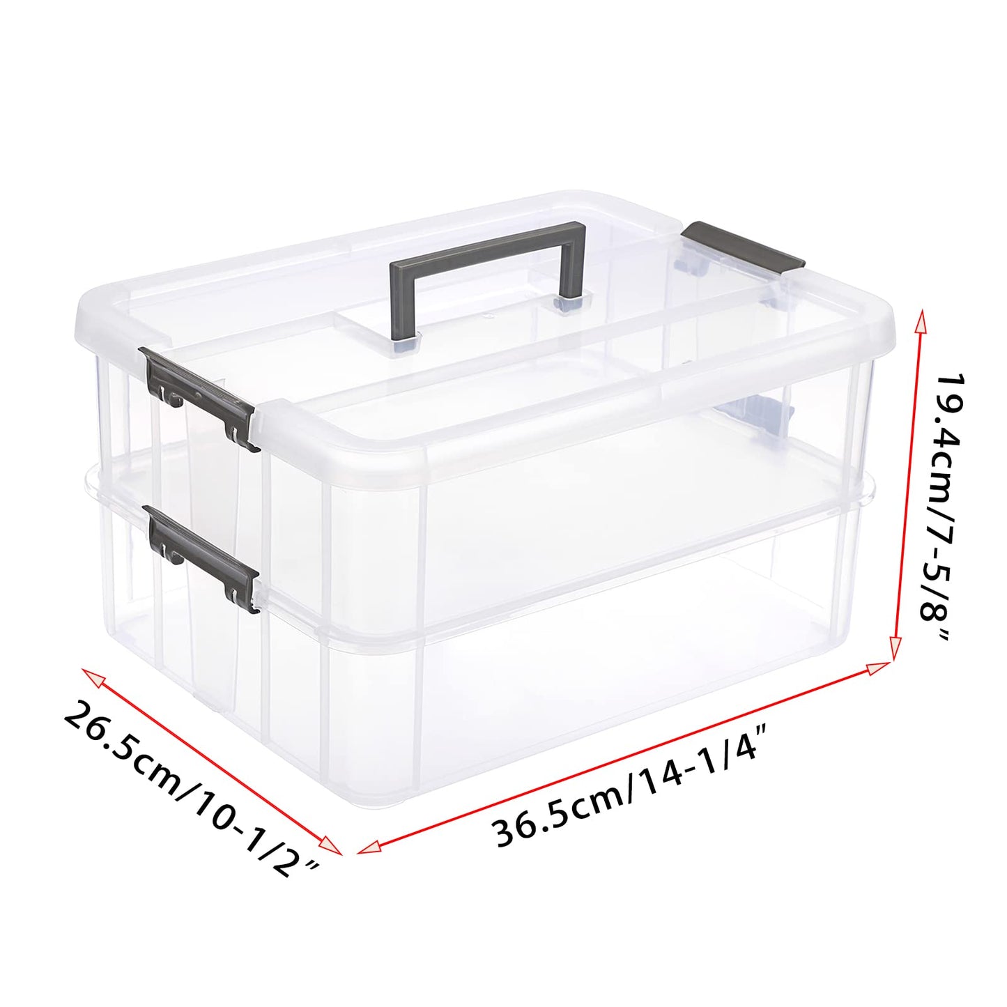 JUXYES 2-Tiers Stack Carry Storage Box With Handle, Transparent Stackable Storage Bin With Handle Lid Latching Storage Container for School & Office Supplies
