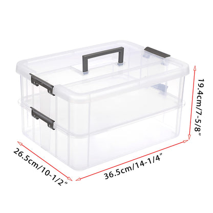JUXYES 2-Tiers Stack Carry Storage Box With Handle, Transparent Stackable Storage Bin With Handle Lid Latching Storage Container for School & Office Supplies