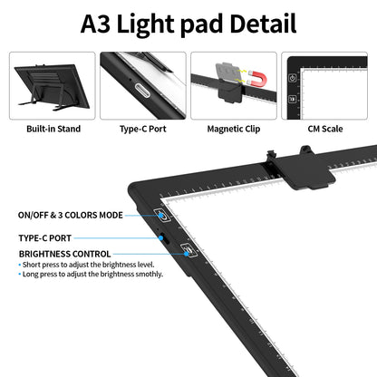 HIUKCOLED Rechargeable A3 Light Pad with Diamond Painting Light Board Carry Bag, Built-in Foldable Stand＆top Clip, 3 Colors/Stepless/6-level Brightness, Battery Powered Wireless LED Tracing Box