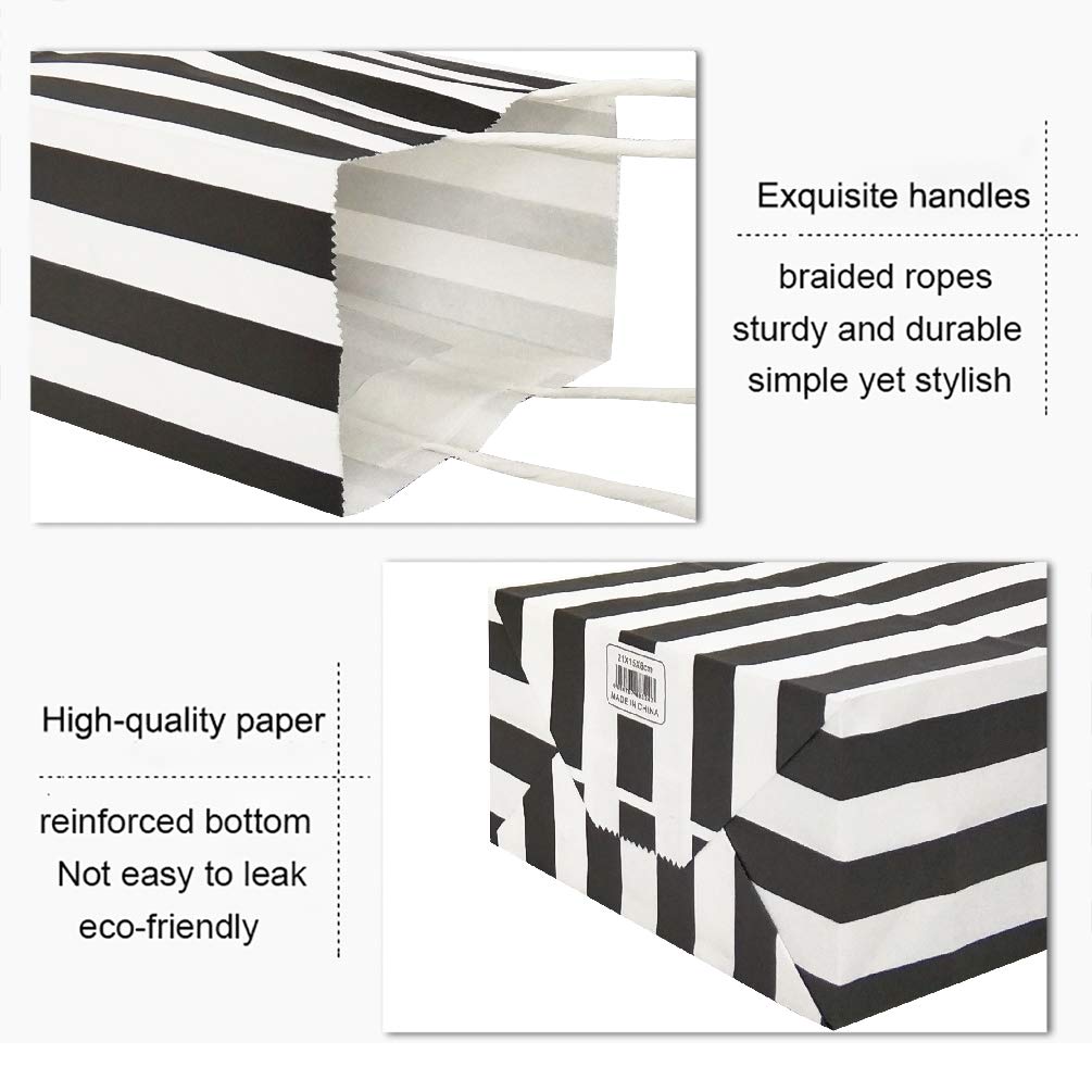 ADIDO EVA 25 PCS Black and White Striped Gift Bags Small Kraft Paper Bags with Handles for Party Favor (6.2 x 3.1 x 8.6 In)