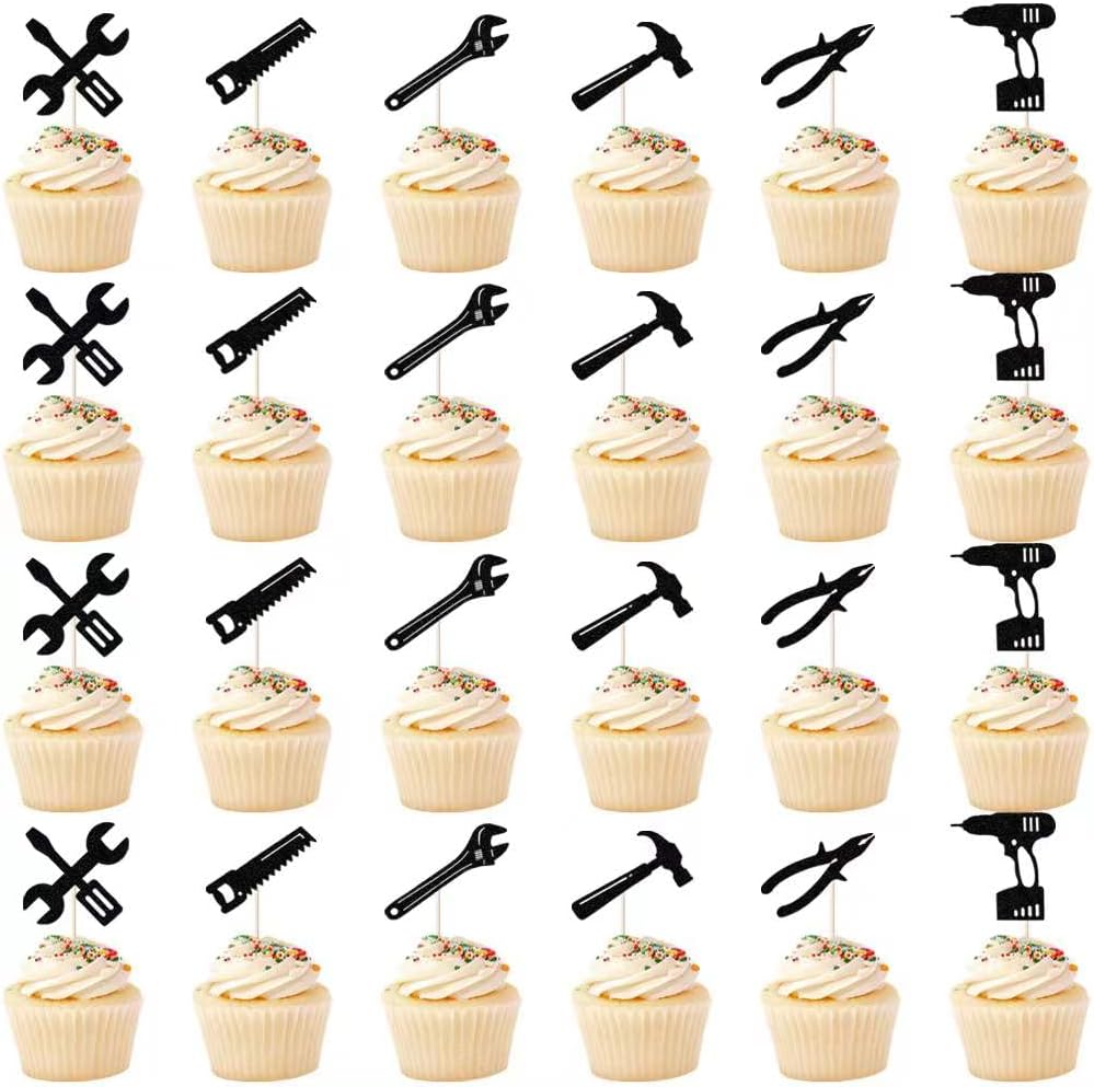 24PCS Tools Cupcake Topper, Construction Tools Cake Decorating for Boys & Men Birthday Party