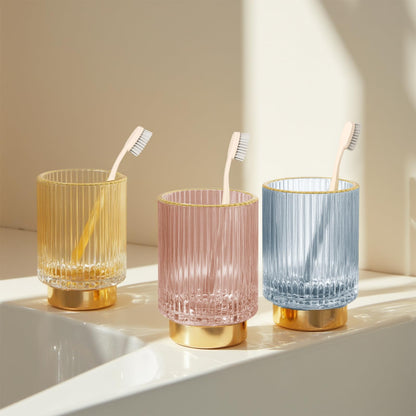 FullMeet Makeup Brush holder Organizer, Crystal Glass Toothbrush Holders, Striped Make Up Brush Holder for Vanity, Pen Holder for Desk, Vase -Pink (S+L)