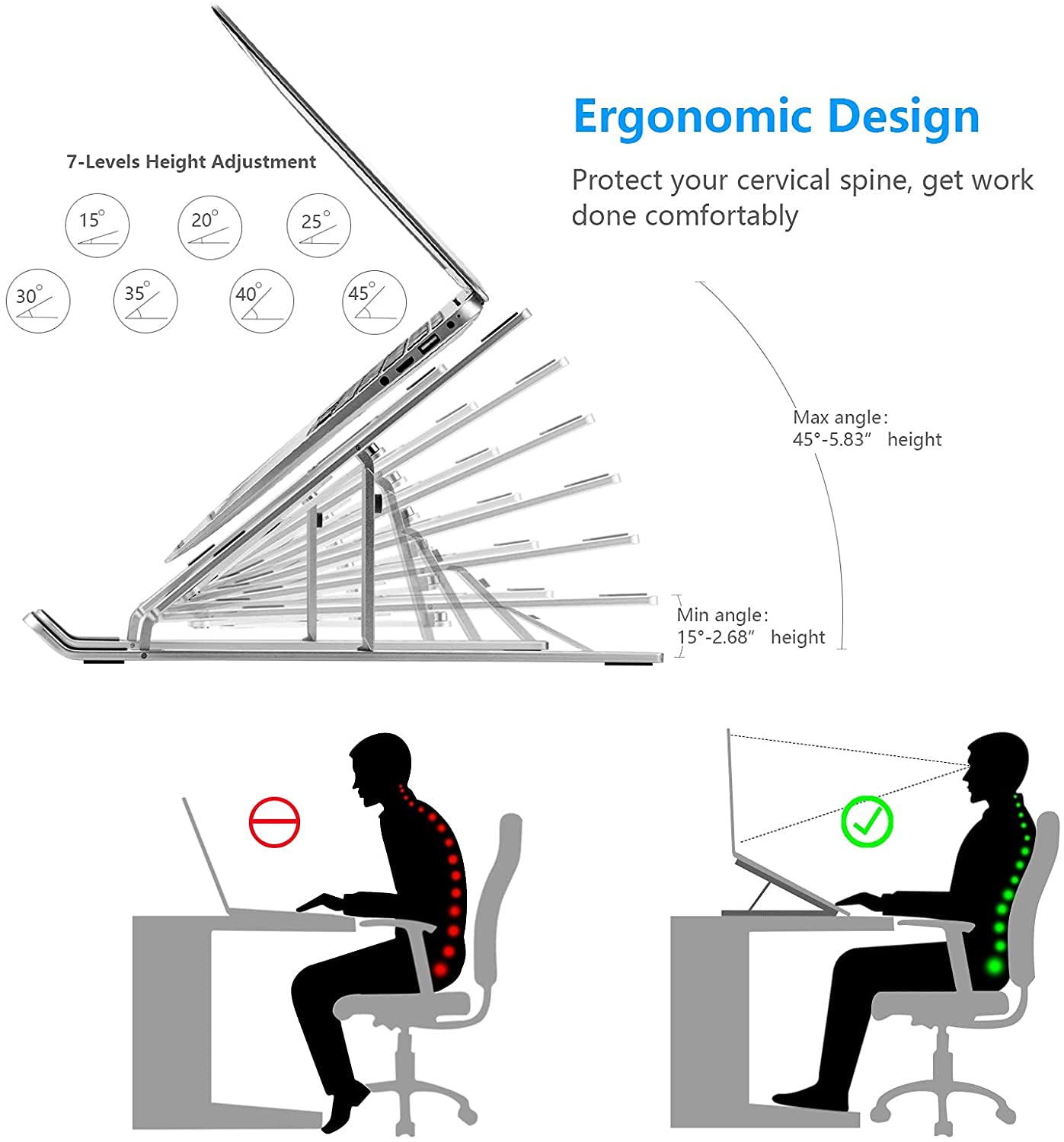 Laptop Stand for Desk, Ergonomic Design Adjustable Aluminum Foldable Portable Computer Stand, Compatible with MacBook Air Pro, HP, Lenovo, Dell, More 10-15.6”Inch and Tablets (Silver)