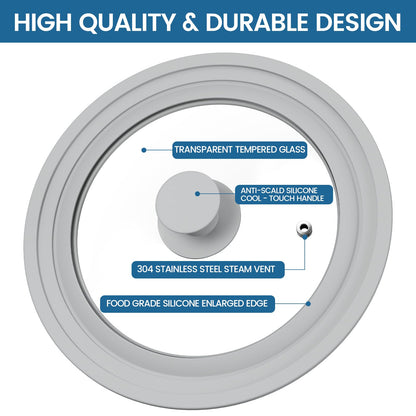 TOPULORS Universal Lid for Pots, Pans, and Skillets - Tempered Glass Lid with Silicone Rim Fits 8", 9", 9.5" Inner Diameter Cookware Frying Pan Cover Replacement Lid - Dishwasher Safe, Grey