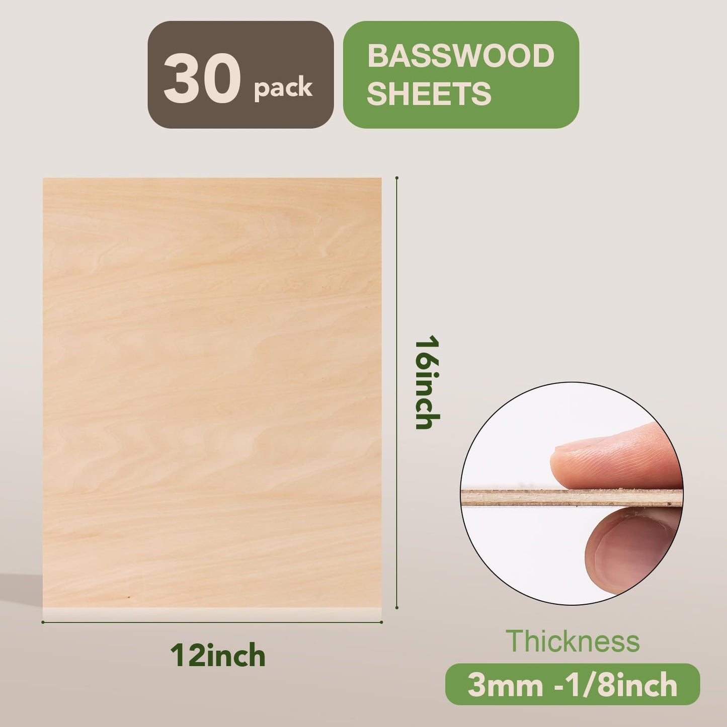 ROBOTIME 30-Pack Basswood Sheets 1/8" x 12" x 16" - Laser Engraving Blanks, 3mm Wood for Laser Cutting and Engraving