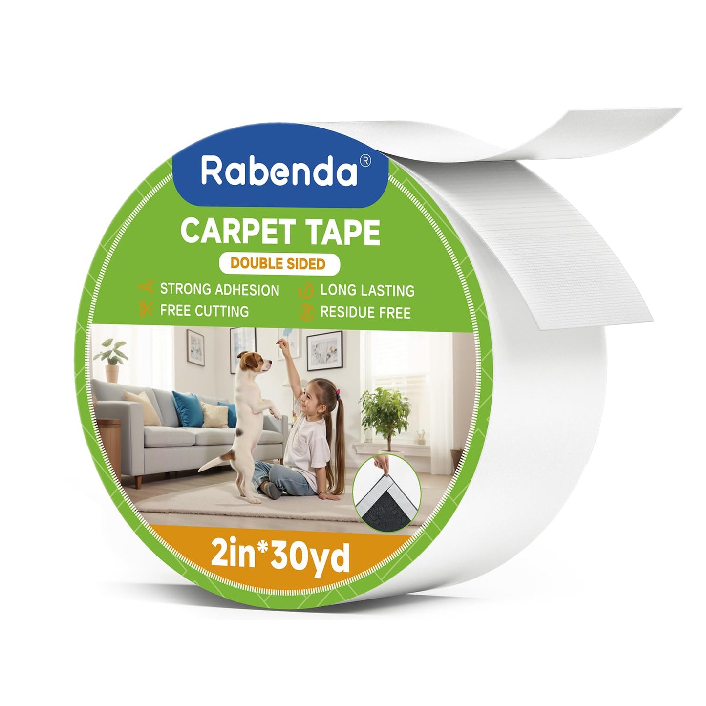 Rabenda Double Sided Carpet Tape - 2 Inch x 30 Yards Removable Rug Tape for Hardwood Floors, Tile & Laminate - No Residue Strong Hold Anti Slip Gripper for Area Rugs, Mats & Carpets