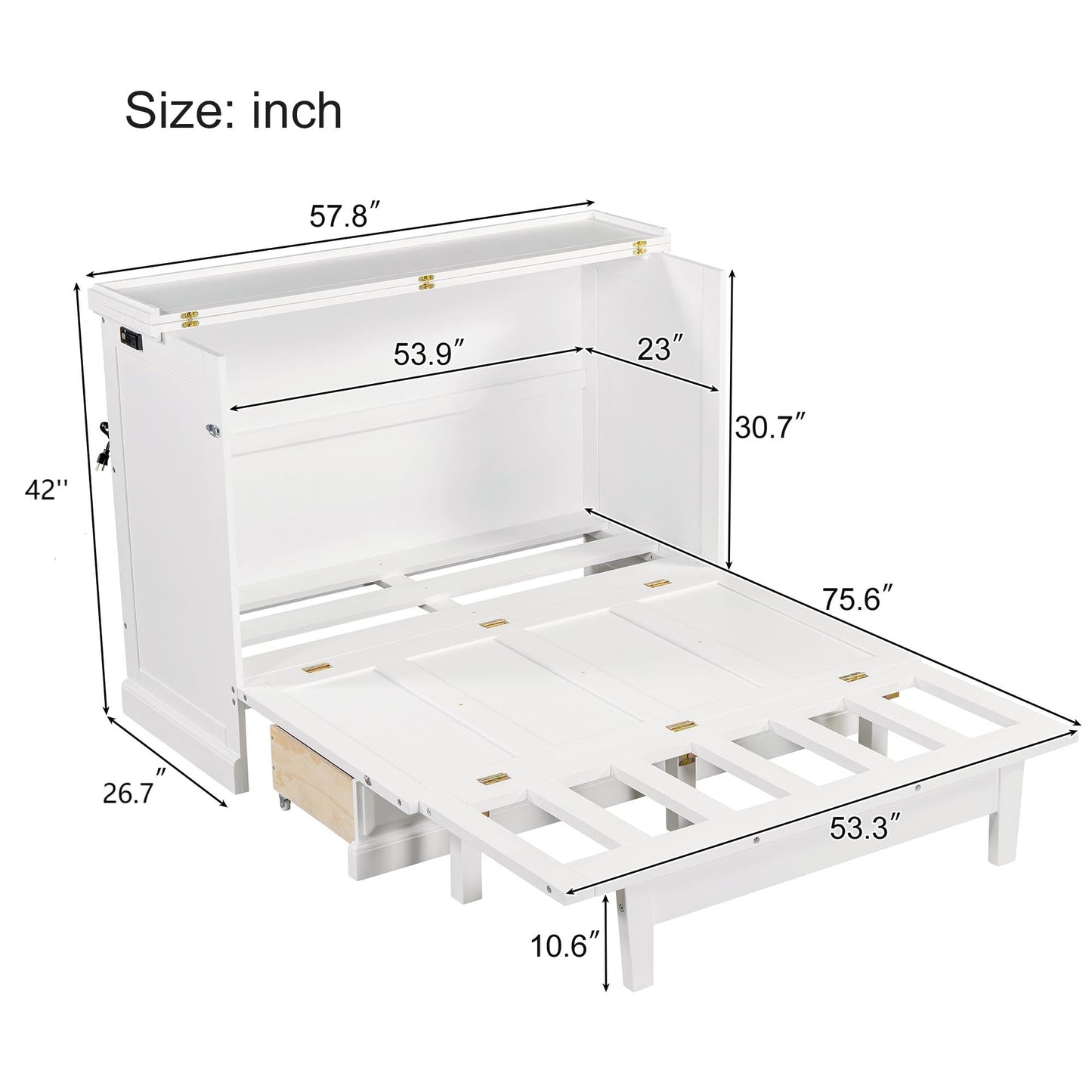 YOPTO Murphy Bed Cabinet Full Size with Charging Station and Large Storage Drawer,Pine Wood Folding Wall Bed Frame,Space Saving,Easy Assembly,Hidden Platform Bed for Home Office or Small Room,White