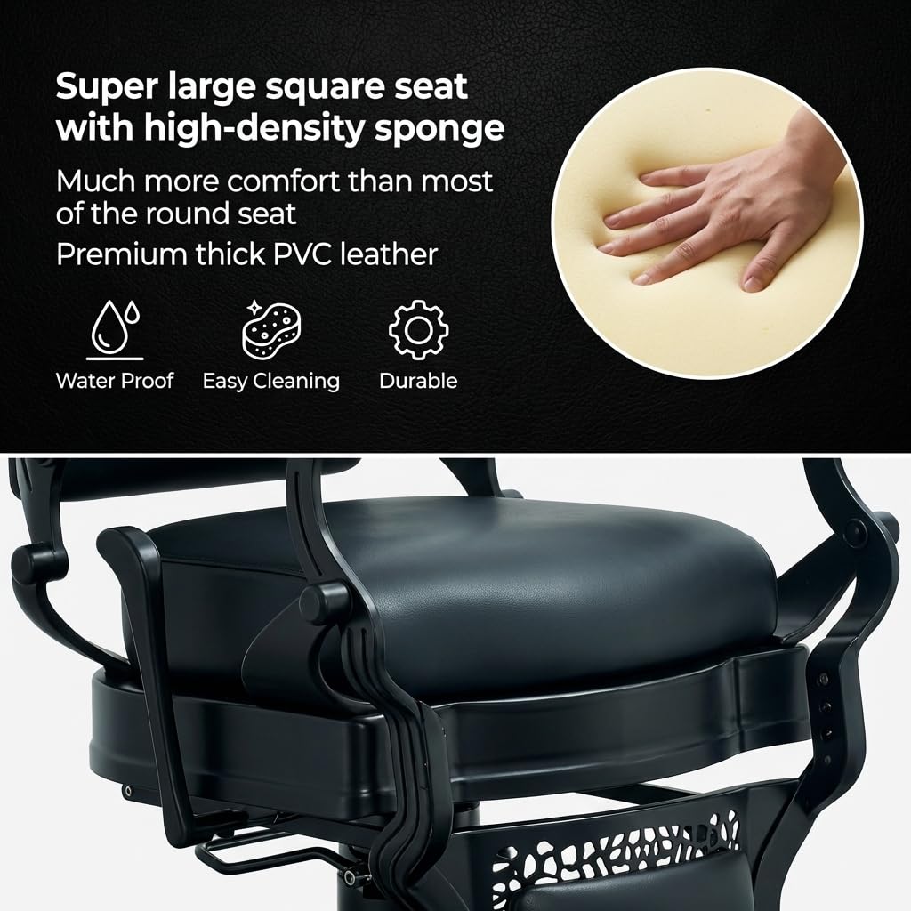 Grace&Grace Barber Salon Chair for Barbershop,Heavy Duty 700 lbs Recline Salon Chair for Hair Beauty Stylist Tattoo Home (Black-Black)