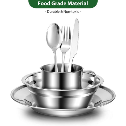 Odoland 29pcs Stainless Steel Utensils Camping Mess Kits with Bowls Plates Cups Forks Spoons and Knives for 4, Camping Cutlery Set for Backpacking, Outdoor Hiking and Picnic