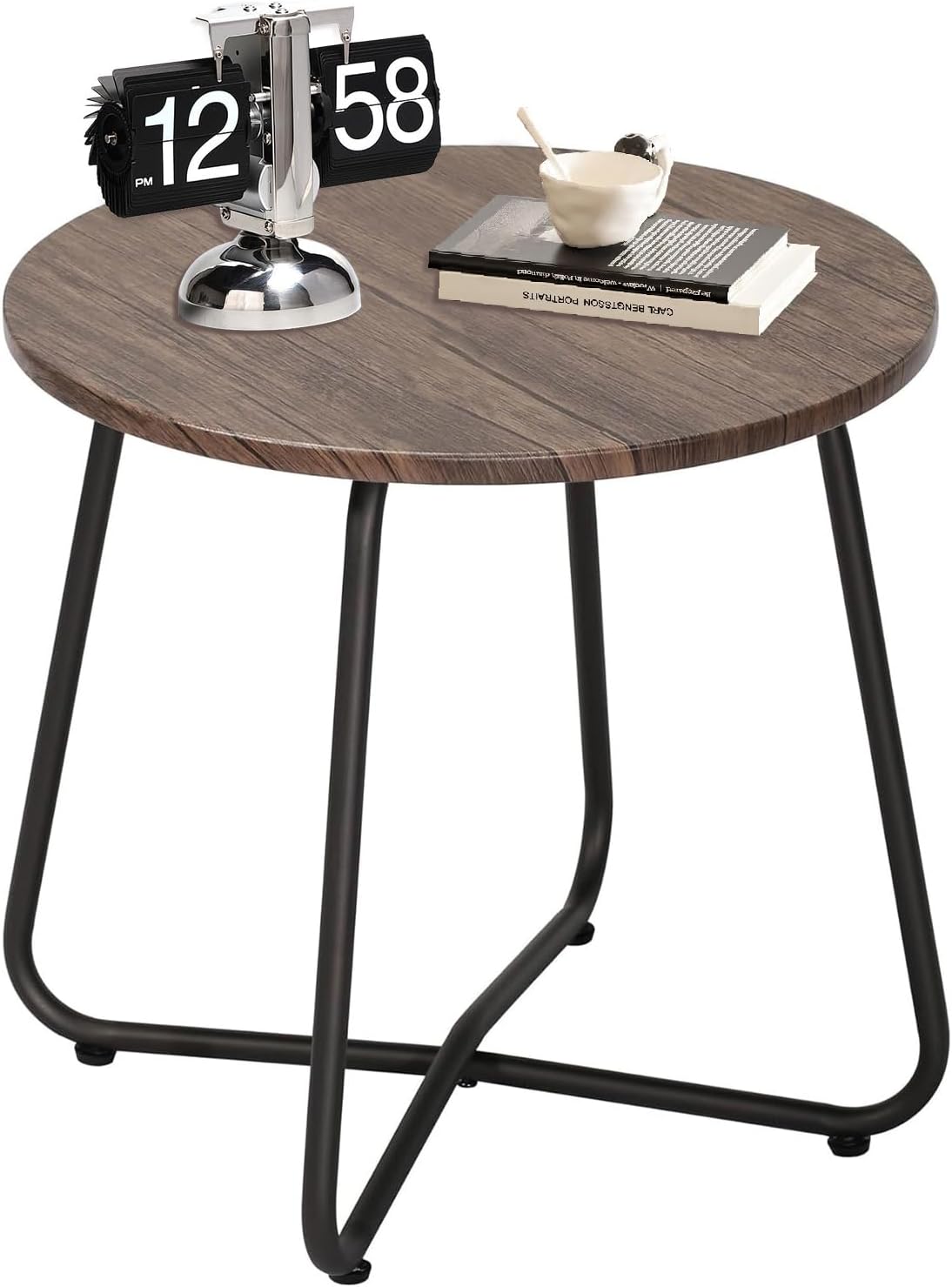 Table,17.7 inch VECELO Outdoor Side Patio Small Round End Table,Waterproof Wood Table with Weather Resistant Steel