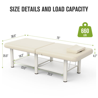 Folding Stationary Massage Table with Backrest and Storage Space for Treatment Table Physical Therapy Table Spa Facial Bed, 6 Round legs Metal Frame PU Leather, 30.5'' Wide × 75'' Long - Beige Gray