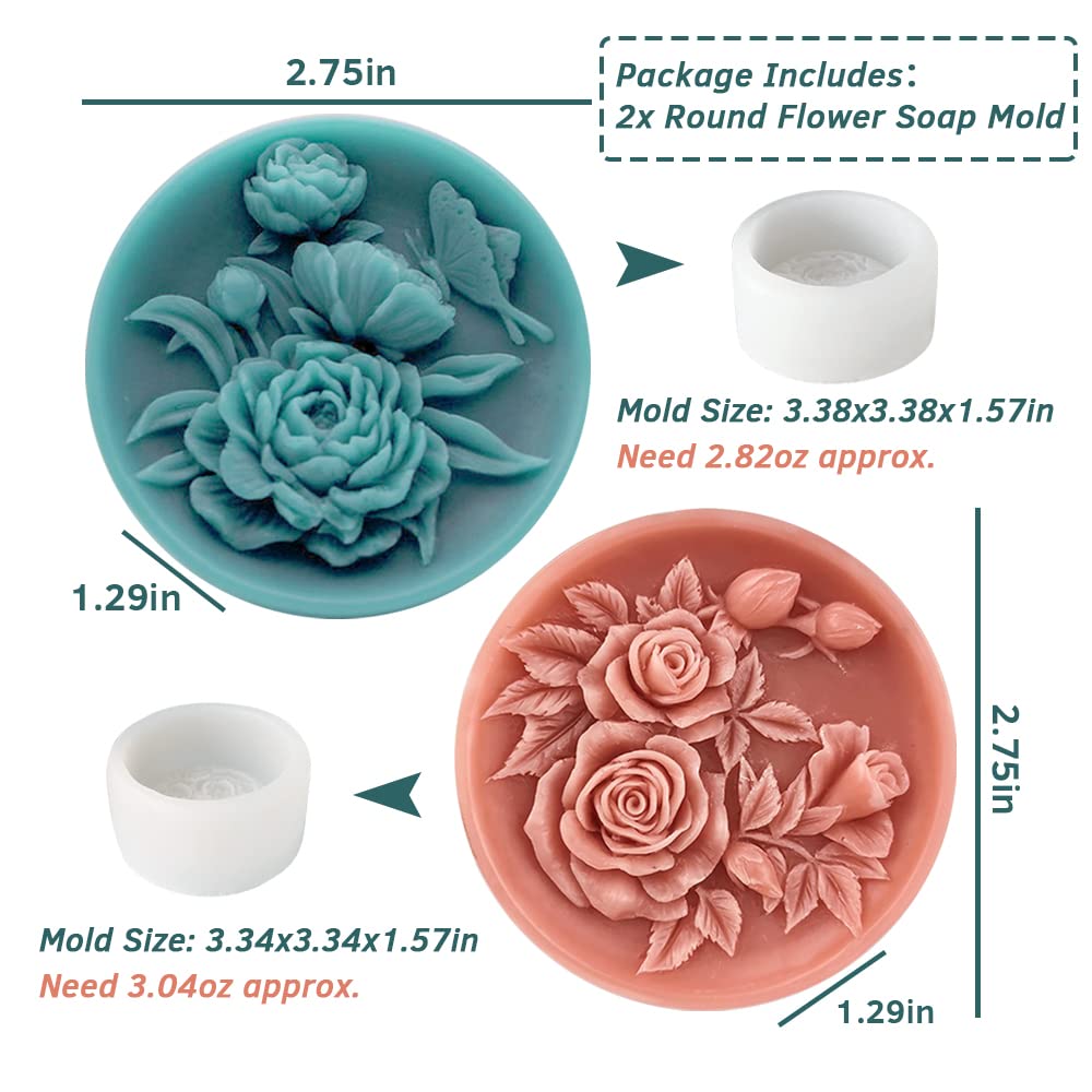 2PCS Round Flower Soap Molds for Soap Making, Rose Resin Candle Mold Silicone, Bath Bombs Lotion Bar Silicone Mold, 3D Mold for Soap Candle Beeswax Making, Handmade Cake Chocolate Biscuit Ice Pudding
