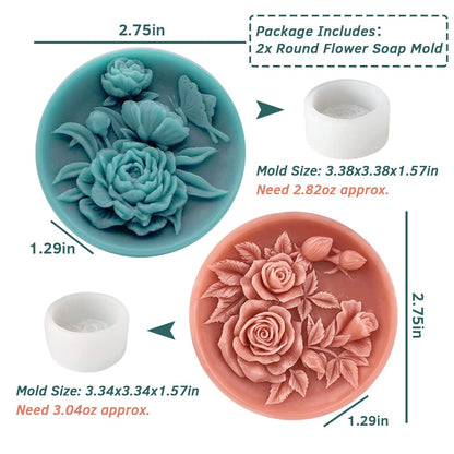 2PCS Round Flower Soap Molds for Soap Making, Rose Resin Candle Mold Silicone, Bath Bombs Lotion Bar Silicone Mold, 3D Mold for Soap Candle Beeswax Making, Handmade Cake Chocolate Biscuit Ice Pudding
