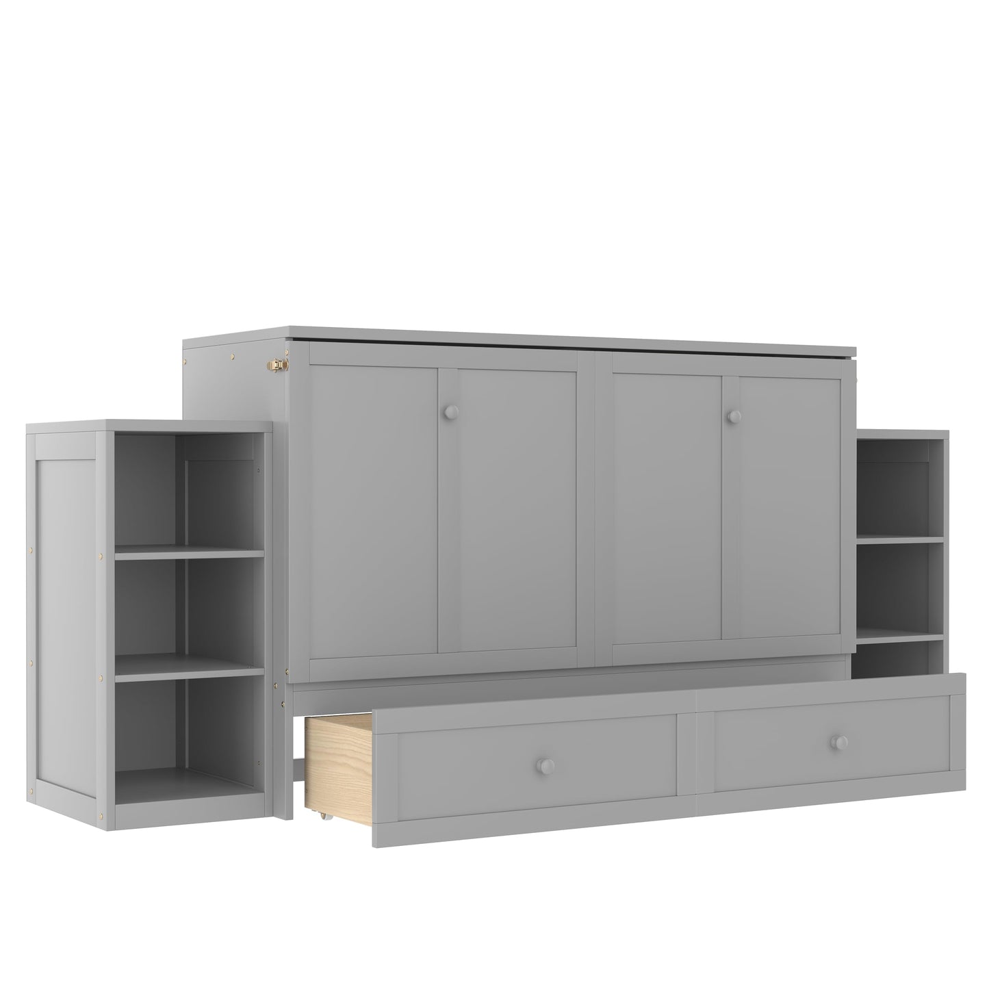 Bellemave Queen Size Murphy Bed, Cabinet Bed with 2 Shelves and Storage Drawers, Farmhouse Murphy Cabinet, Noisy Free, for Guest Bedroom, Living Room, Office, Light Gray