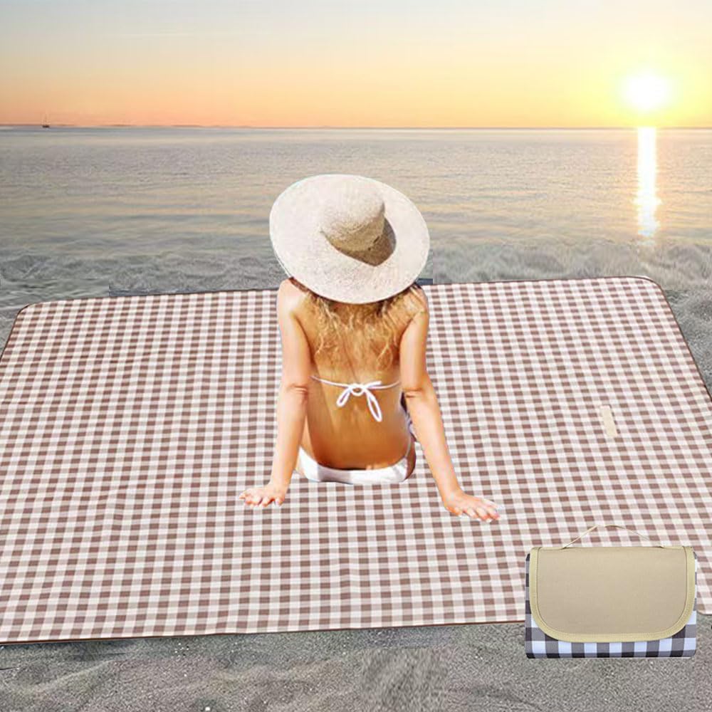 PUPOPIK Extra Large 80x80inch Outdoor Picnic Blanket, XL Foldable Waterproof Sand Beach Mat for Beach Camping Hiking Travel Family Concerts Portable Beach Blankets(Light Brown)