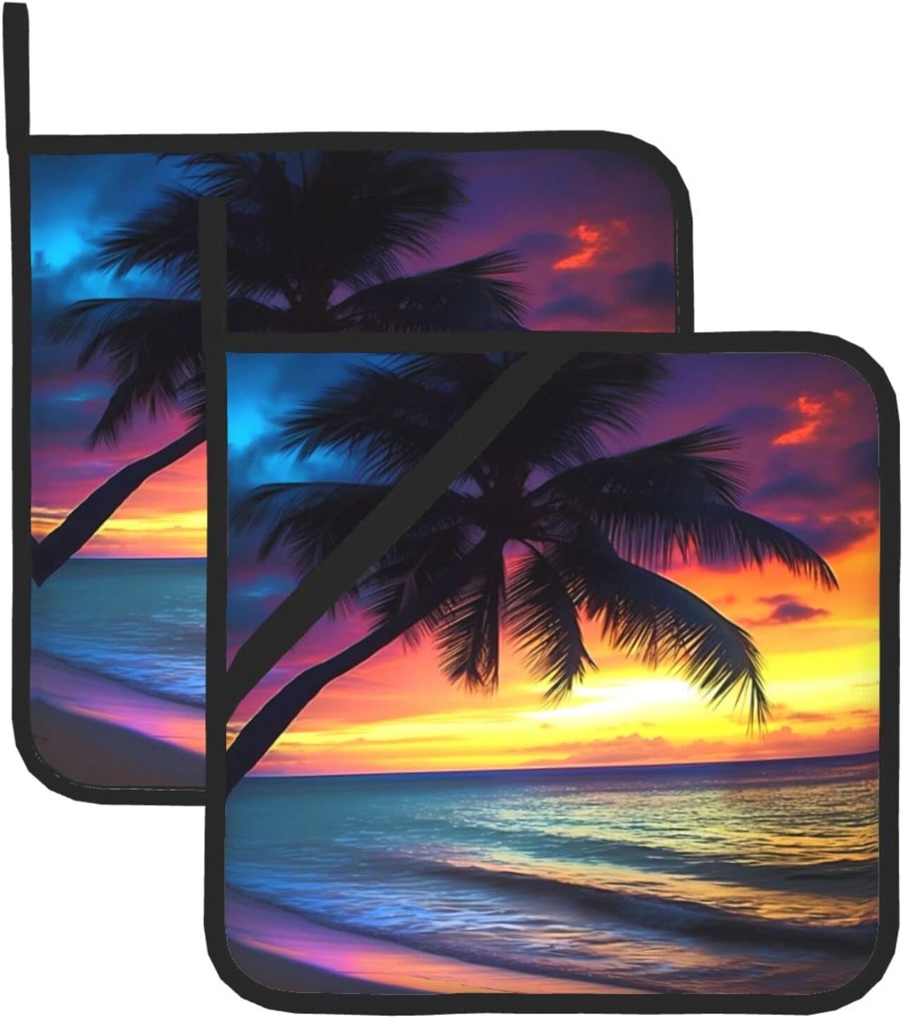 Potholders, Sunset Coconut Palm Tree on Beach, Blue Ocean Baking Pot Holder, 2-Piece Set