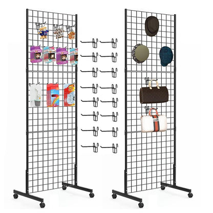 Eastern Tree 2 Packs 2'x 5' Six Pieces Gridwall Panels Stand with T-Base, Black Wire Grid Wall Display Racks with Wheels, Craft Show Display Rack, Retail Display, Extra More 16 Pieces Hooks