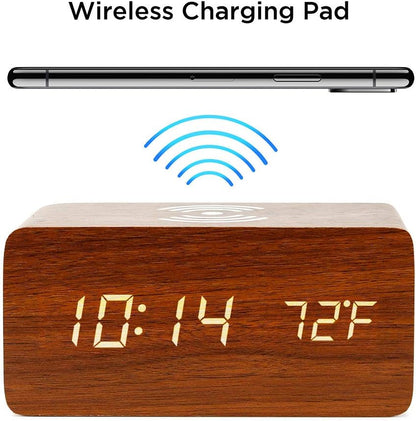 OCT17 Alarm Clock with Qi Wireless Charging Pad Compatible with iPhone Samsung, Brown Wood LED Digital Clock with Sound