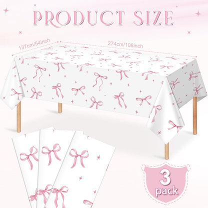 KEASKELL 3Pcs Coquette Party Tablecloths Decorations,Pink Bow Plastic Table Cover Disposable Rectangle Table Cloth for Girls Birthday Bridal Wedding Party Supplies,54x108 Inch