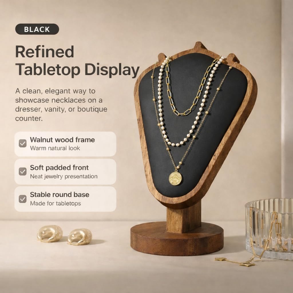 kaysqdxssy Necklace Display Stand, Walnut Wood Jewelry Holder with Soft Padded Leather Panel, Tabletop Necklace Organizer for Dresser, Vanity, Boutique Display (Black)