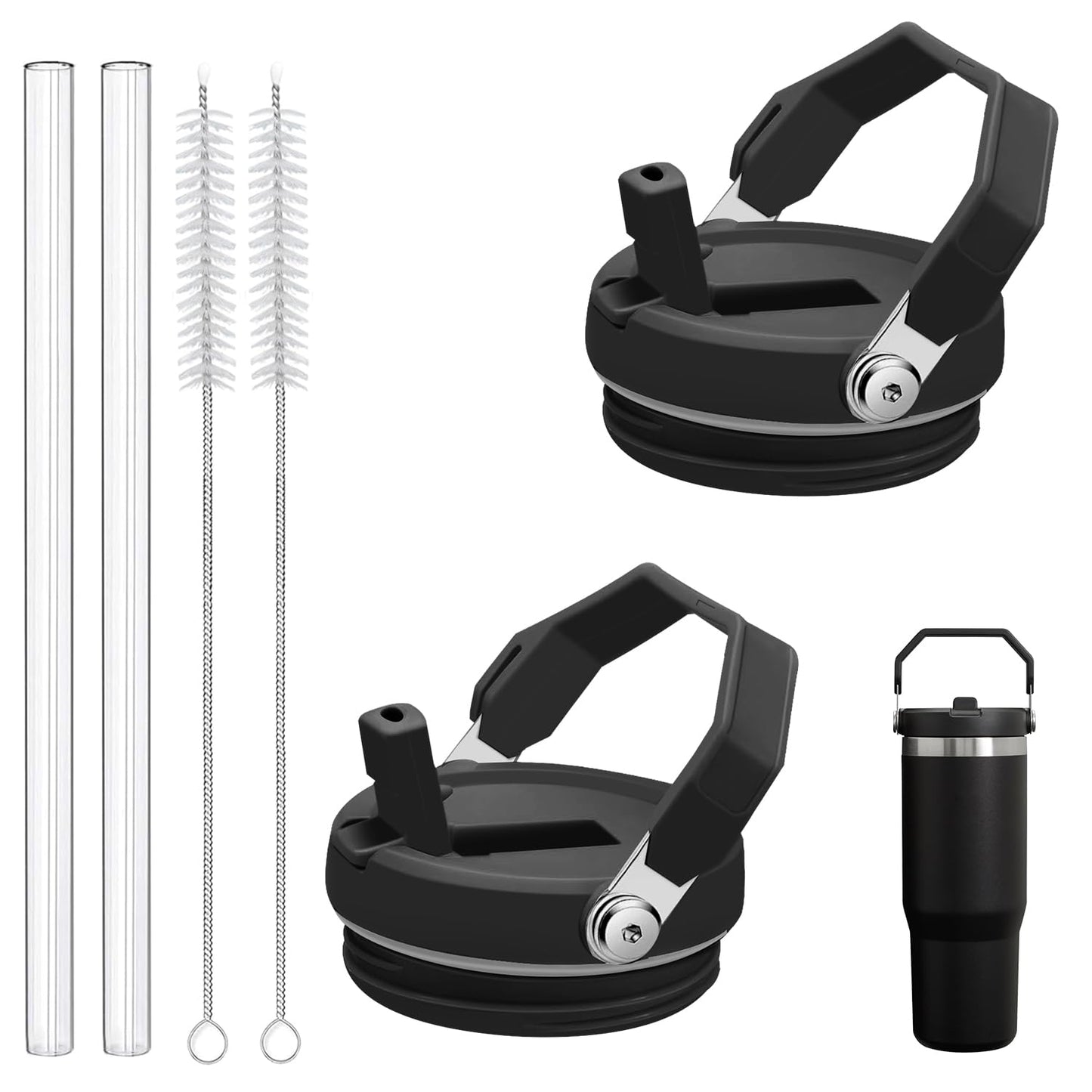 2-Pack Replacement Flip Straw Lids for Stanley IceFlow Tumbler 30oz and 20oz, Spill-Proof Cap with 2 Reusable Straws & 2 Cleaning Brushes, BPA-Free, Easy to Clean(Black)