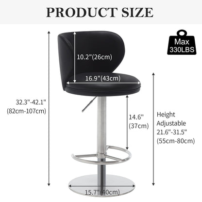 AULIFE Stainless Steel Bar Stools,Grade Modern Leather Bar Chair with Backrest,Swivel Adjustable Height for Kitchen Counter and Dining Room (Black Leather-1pc)