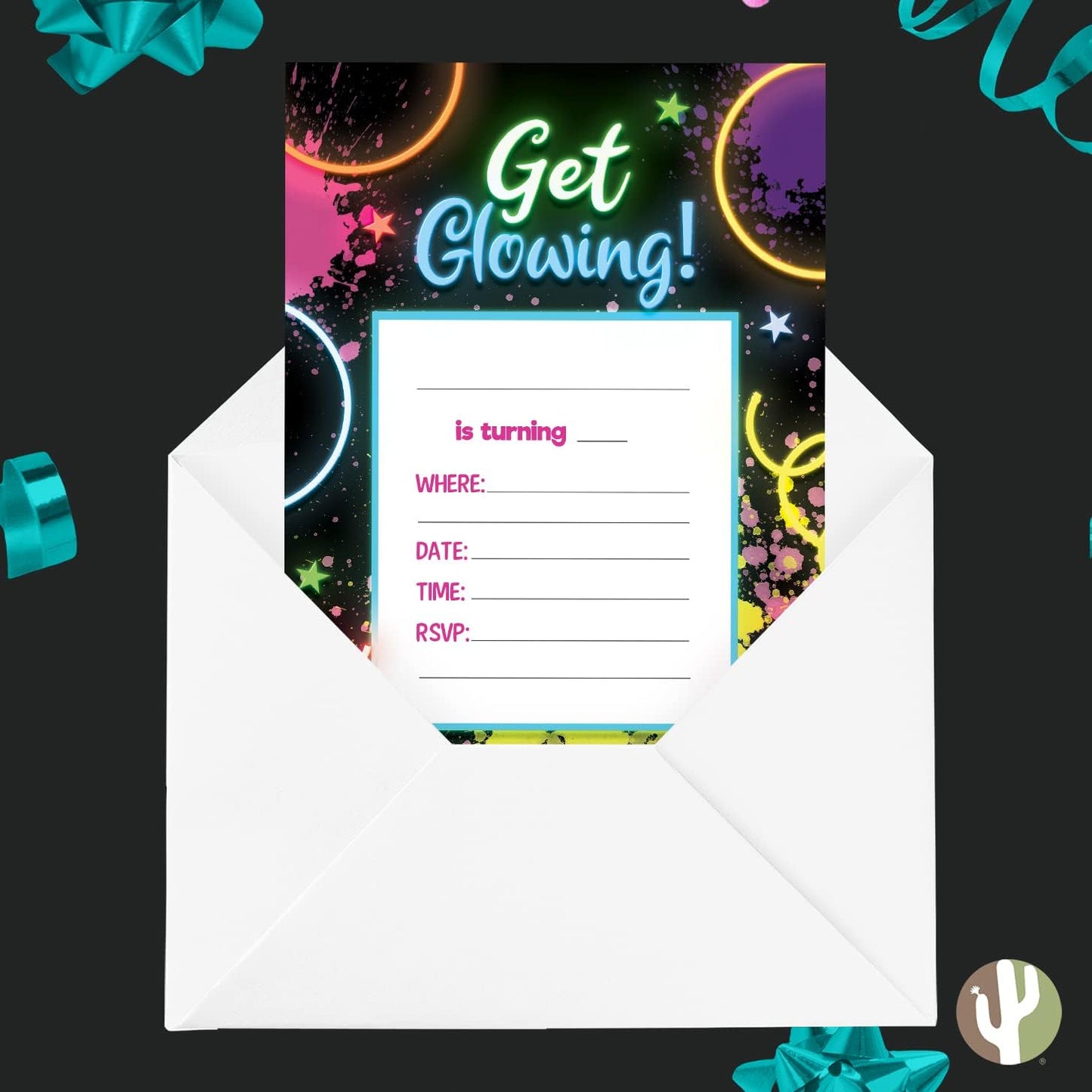 Desert Cactus Neon Happy Birthday Invitations - Invite Cards (10 Count) with Envelopes for Kids Party