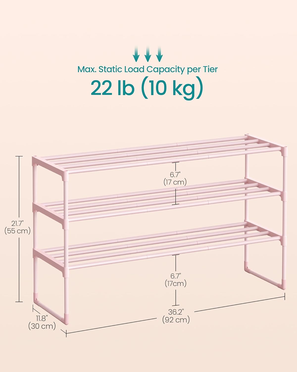 3-Tier 16-20 11.8 36.2 21.7 Inches, ULSA303S01 SONGMICS Shoe Rack, Shoe Organizer, Metal Storage Shelf, Upright