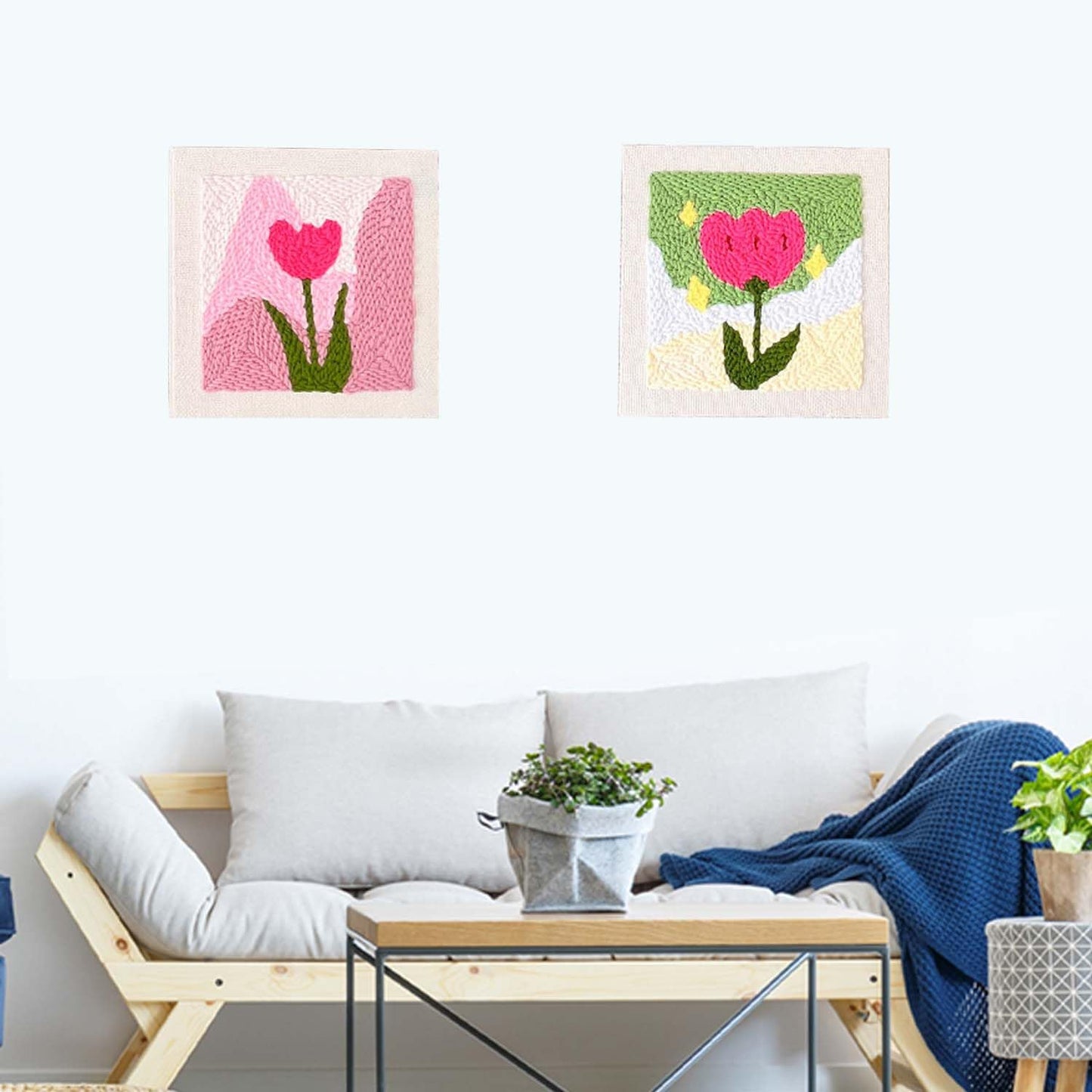 Allazone Punch Needle Embroidery Kit, Square Frame with Green and Pink Tulip Pattern, Includes Frame, Stand, Punch Needle, Scissors, Yarns, Adults Beginner Friendly