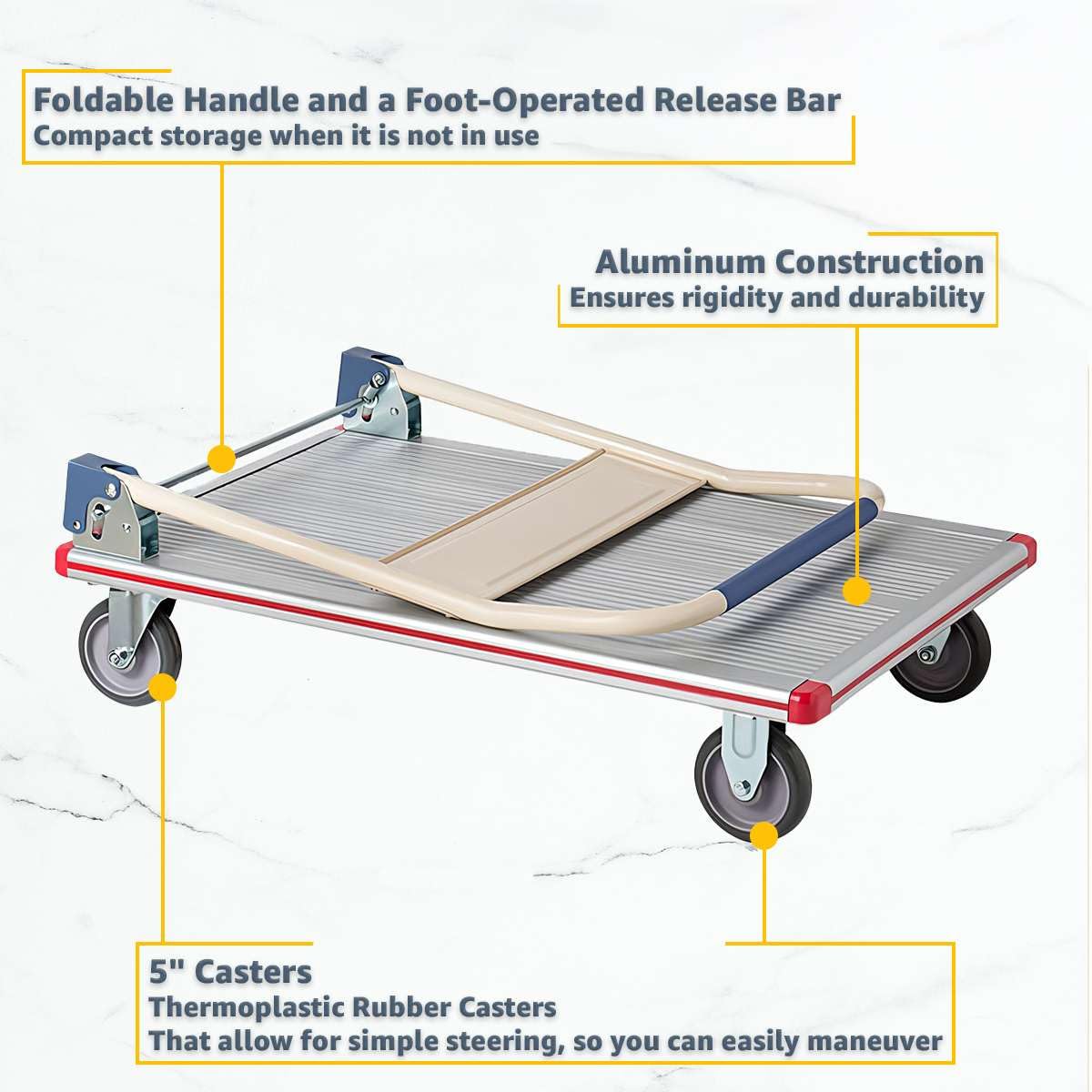 Aluminum Platform Truck 660 lb Capacity - Heavy-Duty Cart with Folding Handle, 5″ TPR Casters & Corner Protectors - 24″ x 36″ Utility Dolly for Warehouse, Shop, Office, Silver