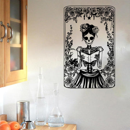 Skull Flower Metal Sign Art Decor,Skull Reading Book Silhouette Signs Wall Hanging Gifts for Birthday Halloween,Female Skeleton Plaque Decorate for Living Room Bedroom Garden Farmhouse Indoor Outdoor
