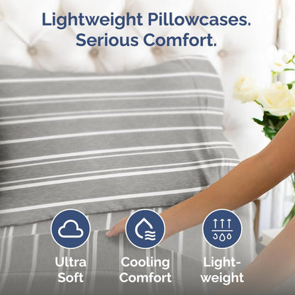 Skiennix Queen Pillow Cases Set of 2 - Ultra Soft Hotel Quality - Wrinkle Free & Fade Resistant - Grey Stripes
