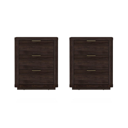 Manhattan Comfort Evelyn Set of 2 Nightstands with Full Extension Drawers, Minimalist Bedside Table with Rounded Corners and Raised Base, Modern Night Stand for Bedroom, or Living Room in Brown