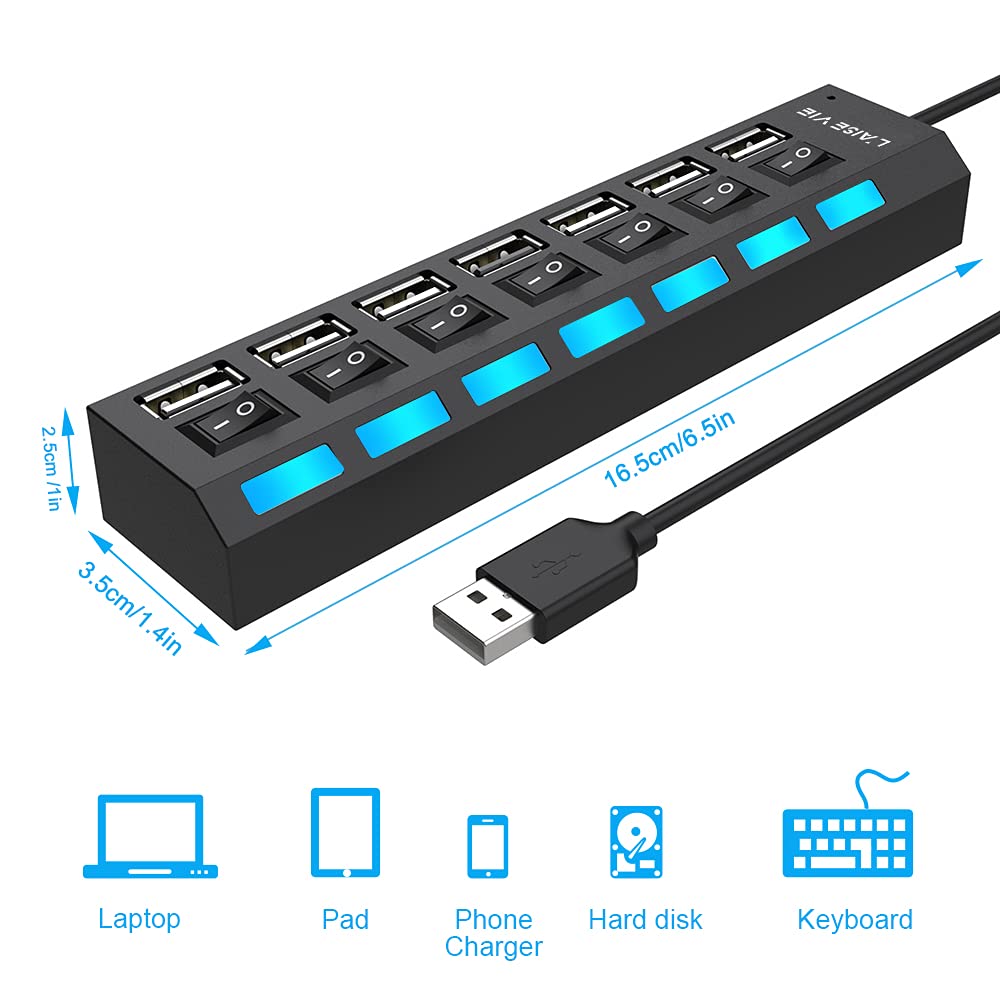 Multi Port Splitter, 7 Port USB 2.0 Hub, USB A Port Data Hub with Independent On/Off Switch and LED Indicators, Lights for Laptop, PC, Computer, Mobile HDD, Flash Drive and More (Black 2.0)