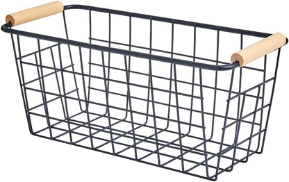 Black Metal Hanging Baskets with Handle, Wire Wall Storage Organizer with Hooks, 2-Pack Adhesive Baskets for Kitchen,