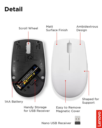 Lenovo 300 Wireless Mouse – Computer Mouse for PC, Laptop with Windows – Ambidextrous Design – 2.4 GHz Nano USB Receiver – 12 Month Battery Life